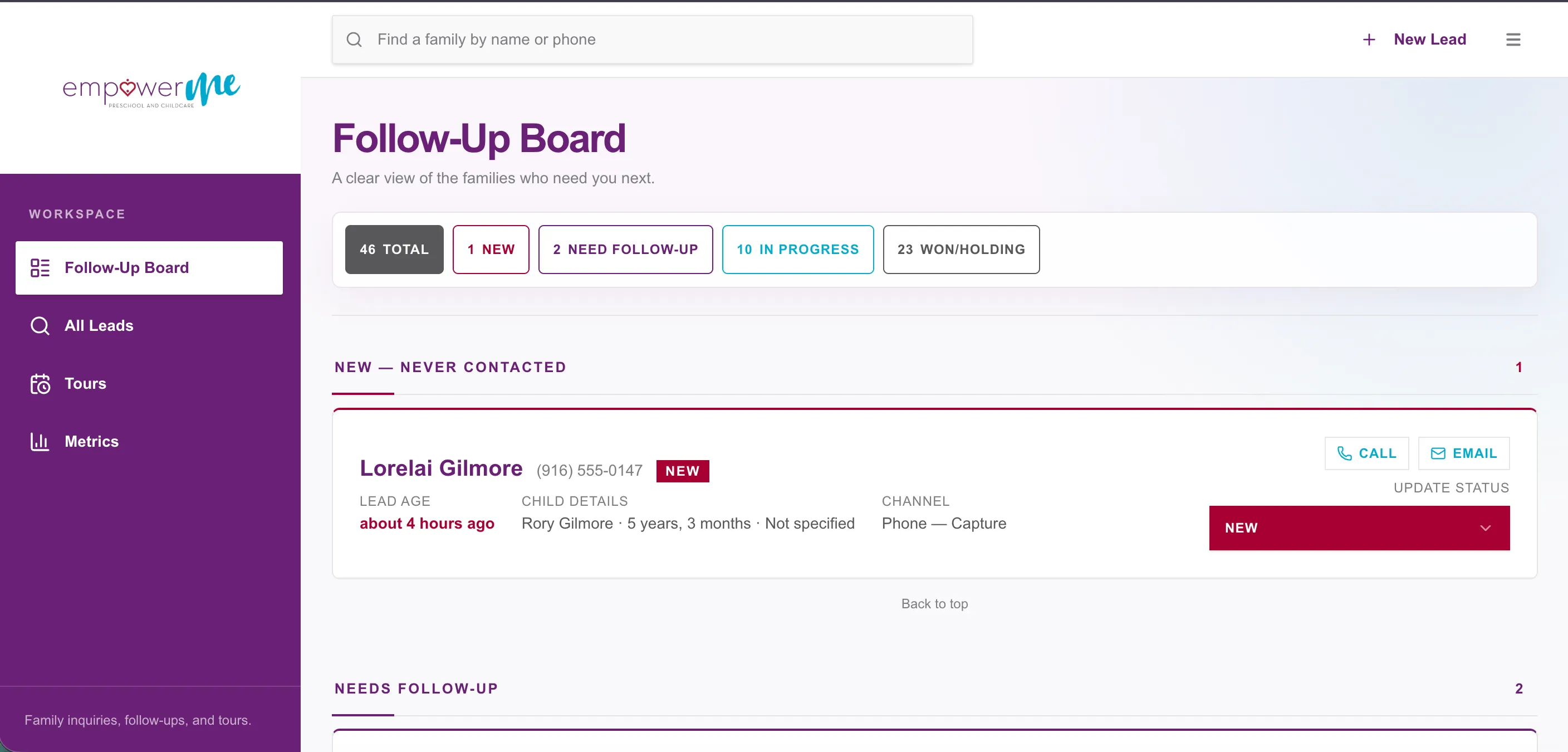 The follow-up board: counts of new, needs follow-up, in progress and won leads across the top, with a never-contacted family at the top of the list showing lead age, child details, channel, and call and email buttons.