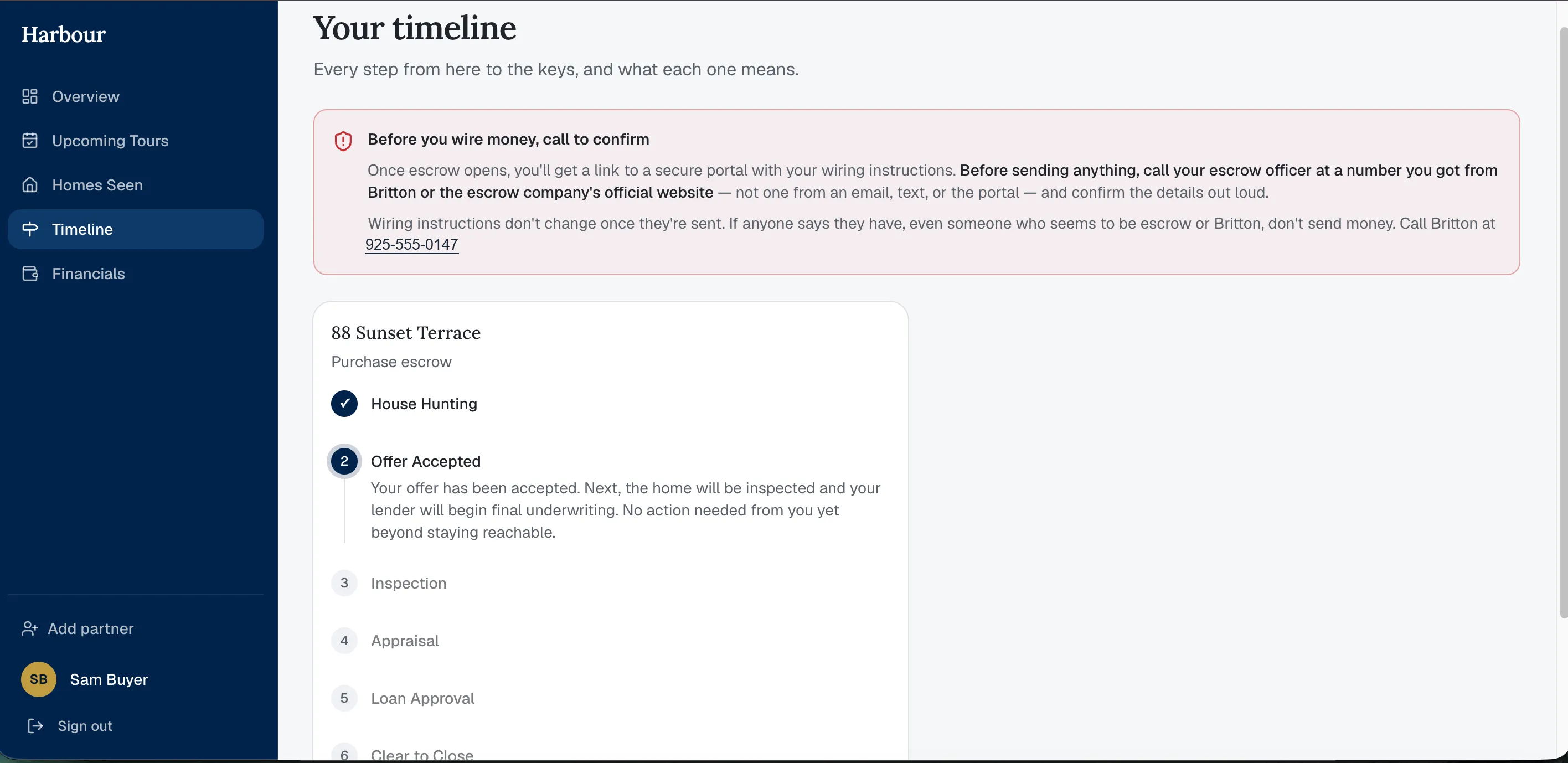 Harbour’s timeline view, with a wire fraud warning above the stage list for a purchase escrow.